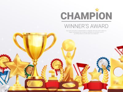 Sport competitions winners awards realistic composition poster with gold silver bronze medals and championship cup vector illustration