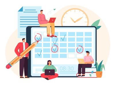 Students or employees adding events or deadlines to calendar app. Young people using time organizer or planner flat vector illustration. Communication, planning schedule, agenda concept for banner